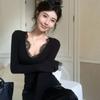 Women's Pure Desire Style Hot Girl V-neck Lace Stylish T-shirt with Velvet Bottom Tailored and Versatile Long Sleeve Top Women