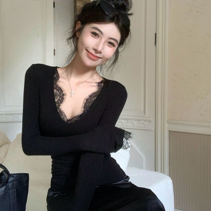 Women's Pure Desire Style Hot Girl V-neck Lace Stylish T-shirt with Velvet Bottom Tailored and Versatile Long Sleeve Top Women