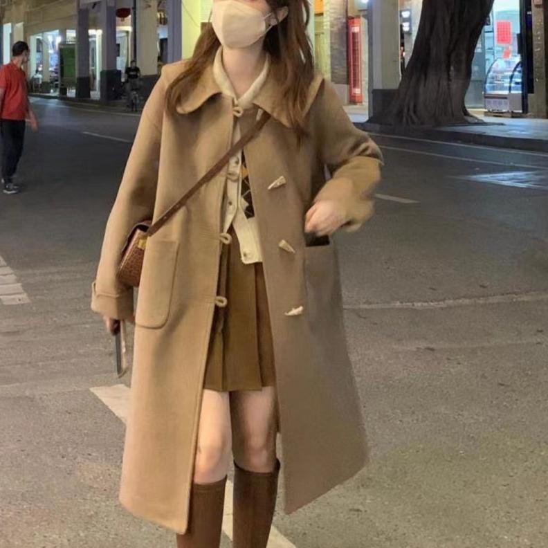 

Женское пальто с отложным воротником, однорядными пуговицами из коровьего рога, средней длины, в стиле колледжа, шерстяное пальто с уменьшенным возрастом, женская одежда XL