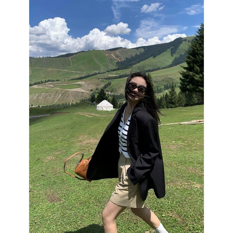 Stylish Grey Blazer Women Casual Office Wear Spring Autumn Bow Knot Split Design