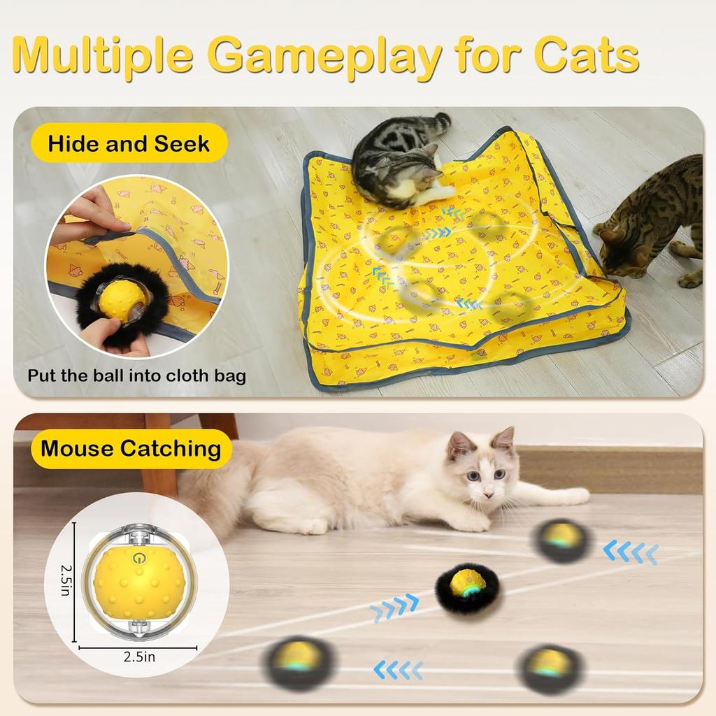 Interactive Cat Toys for Indoor Cats, Electric Cat Ball Fast Rolling in Pouch, Motion Activated Chirping Cat Toy, Hide and Seek Cat Toy with LED