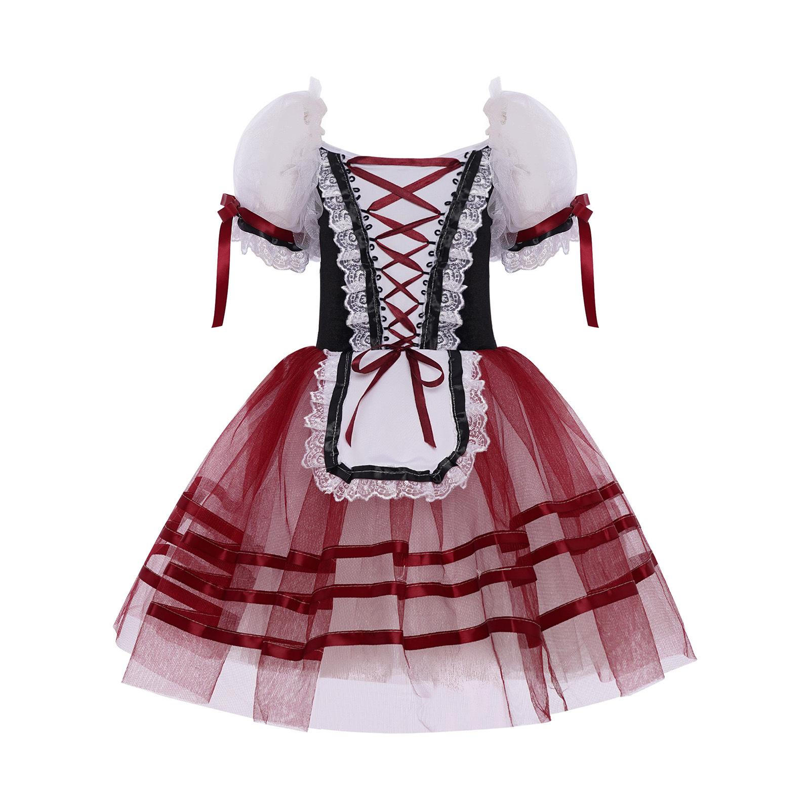 

Kids Girls Dance Stage Costume: Puff Sleeve Tutu Dress with Lace Trim & Velvet Bodice Lace-up for Ballet Recital 11-12 Years червоний