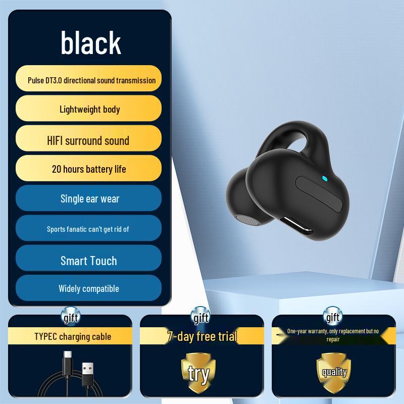 

2023 Stylish Cross-Border Bluetooth Ear Clip: Non-In-Ear, Wireless, Single Ear with Ultra-Long Battery for Sports Bagged чорний