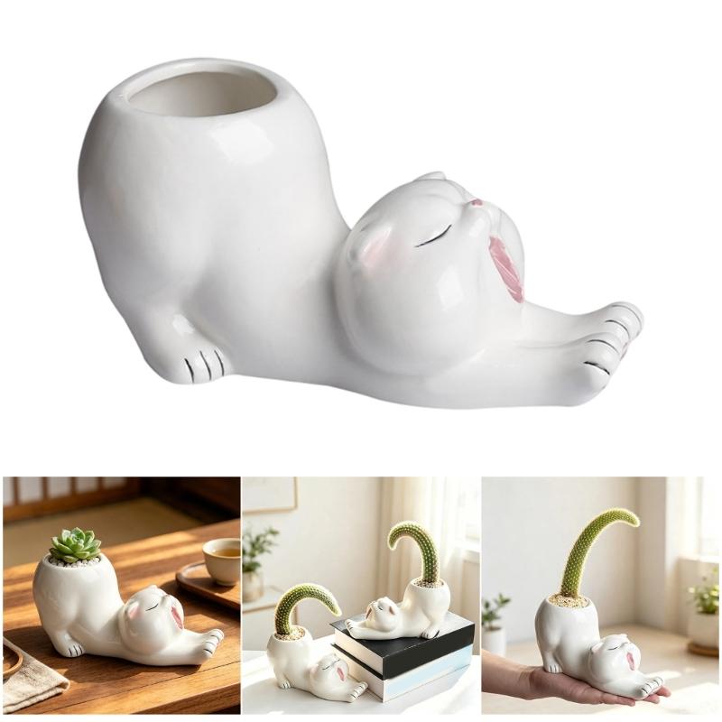 Animal Figure Ceramic Planter Flower Pot, Tabletop Plant Holder for Desk Display, Shelf Placement, Windowsill and Indoor Home Use
