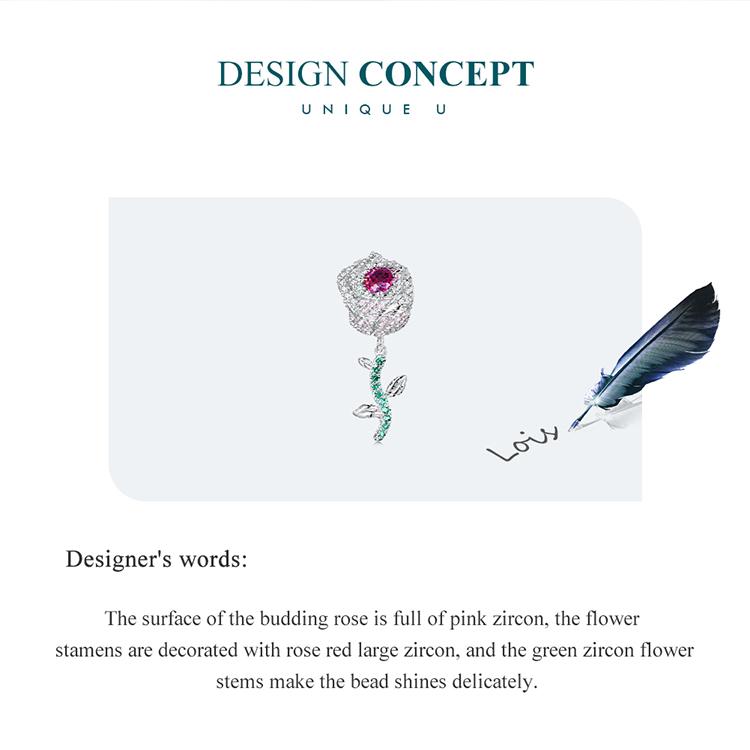 BAMOER 925 Sterling Silver Pink Zircon Rose Flower Bead Charms for Women Original Bracelet Bangle Necklace DIY Jewelry