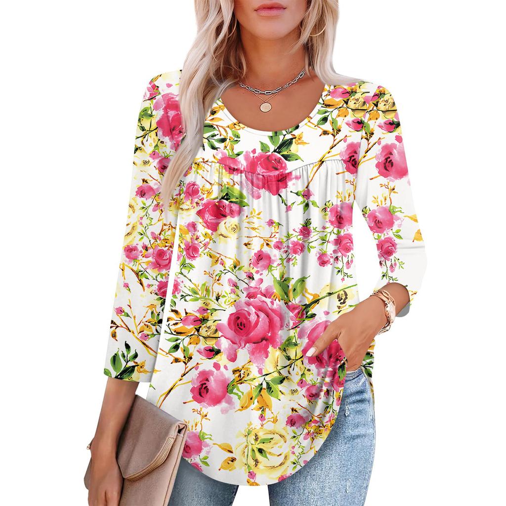 Women's Fashion Seven Sleeve Top Round Neck Pleated Casual Printed Top