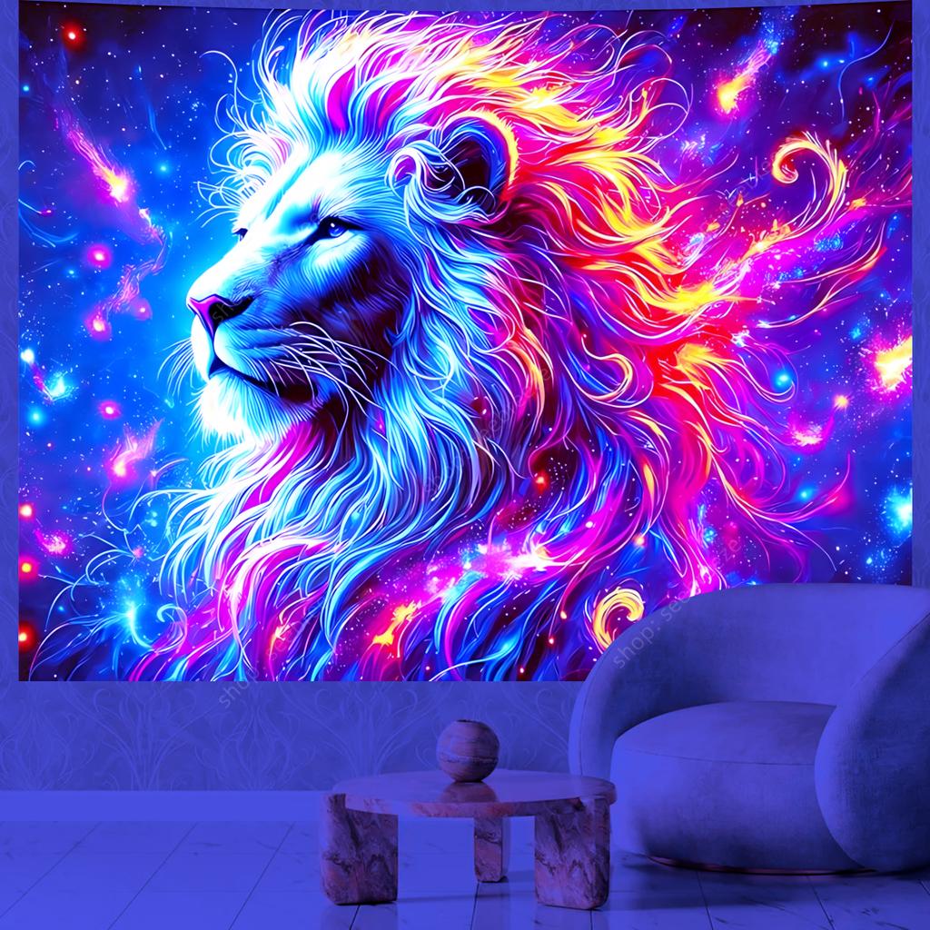 Psychedelic Animal Tapestry Cool Lion UV Reactive Tapestry Wall Hanging for Hippie Kawaii Room Decor Beach Towel Gift for Friend