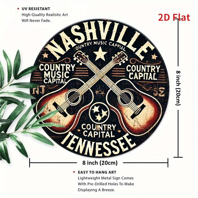 Mfoever Tin Sign Vintage Nashville Tennessee Country Music Capital Crossed Acoustic Guitars Round Metal Tin Sign Retro Music Lover Wall Decor Art 20x20cm
