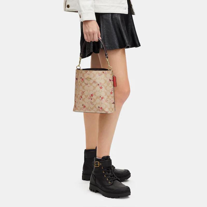 Coach Mollie Gold Letter Logo Classic Presbyopia Cow Leather Bucket Bag Hand-held Shoulder Crossbody Bag 22 Women's Khaki