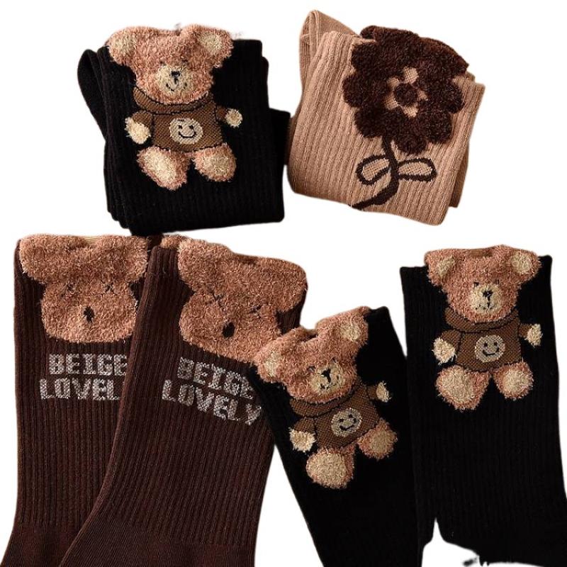 Women's Autumn and Winter Mid-calf Socks Cute Kawaii Bear Socks Warm Socks 3 Pairs