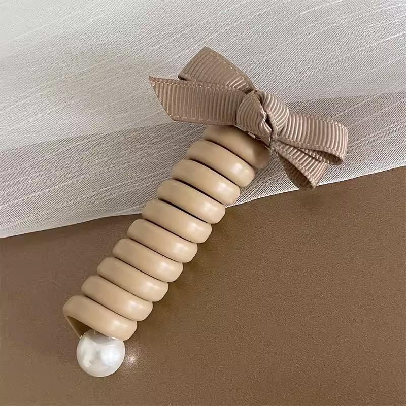 Bowknot Braided Telephone Wire Hair Bands,Spiral Hair Ties Phone Cord With Pearl,Waterproof High Elastic Rubber Hair Band