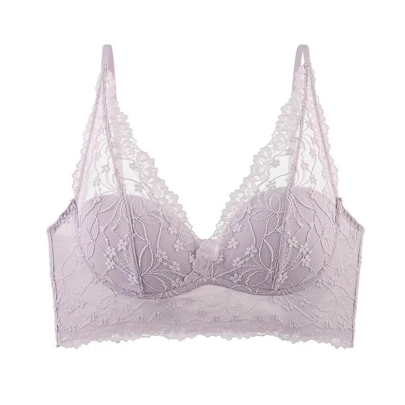 Women Lace Patch Wireless Bra Longline Lift Support Scallop V Neck Everyday Comfort Lingerie