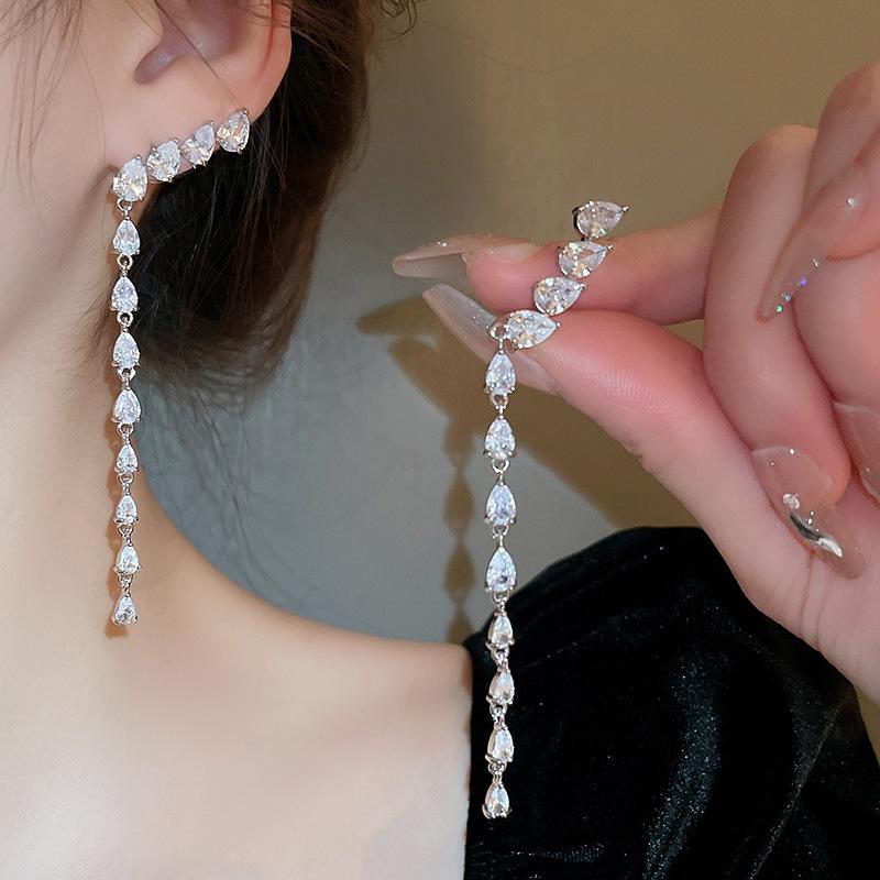 Silver Needle Diamond Water Drop Tassel Earrings - Elegant Court Style, Versatile & Luxurious Design.