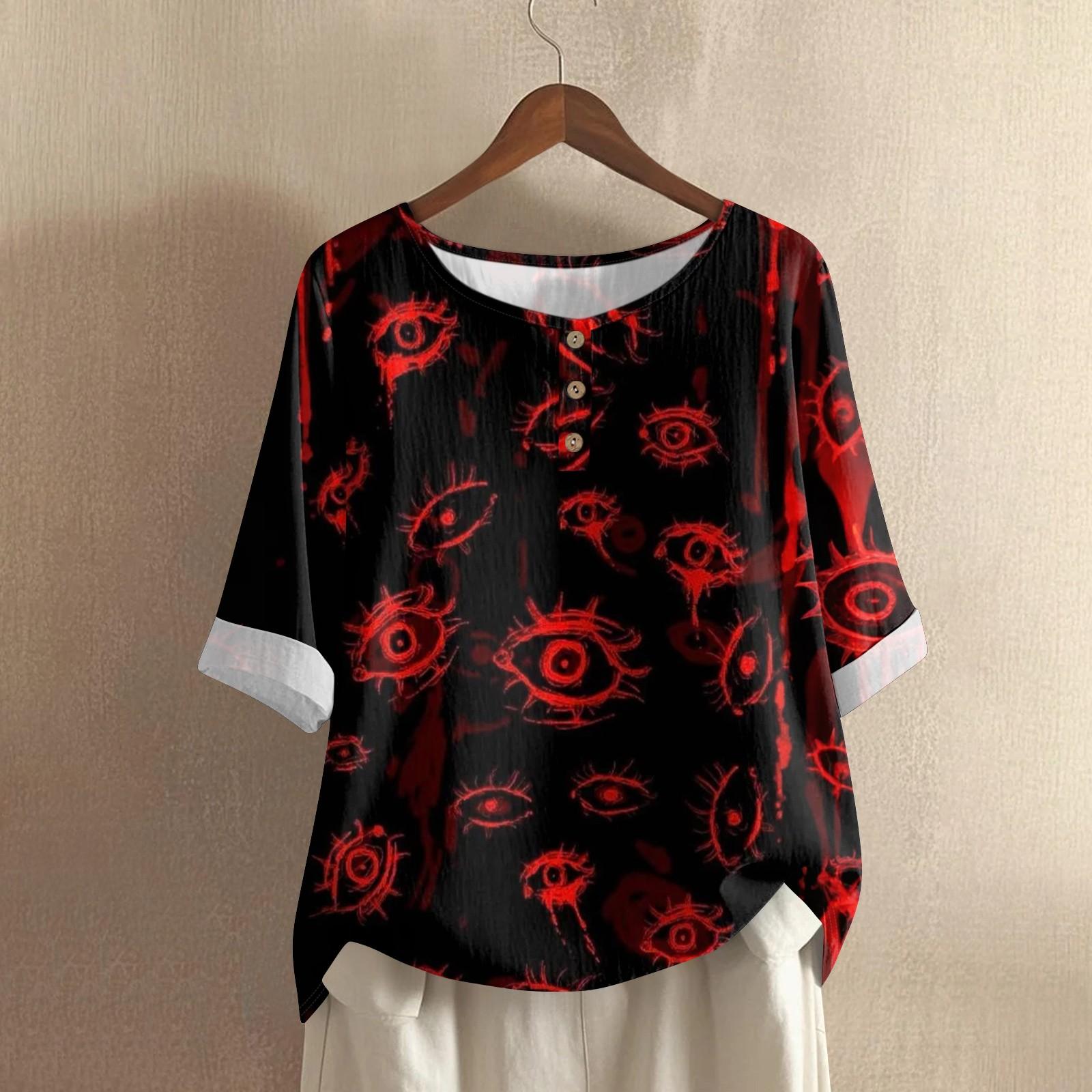 

Women s Casual Mid Sleeved Round Neck Halloween Printed Cotton And Linen Top M чорний