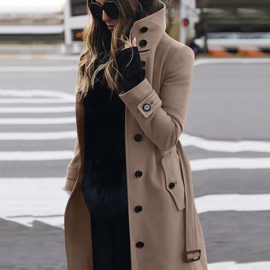 Cappotto da donna con colletto alla coreana, maniche lunghe, vestibilità aderente, misto lana, casual, monopetto, lunghezza media