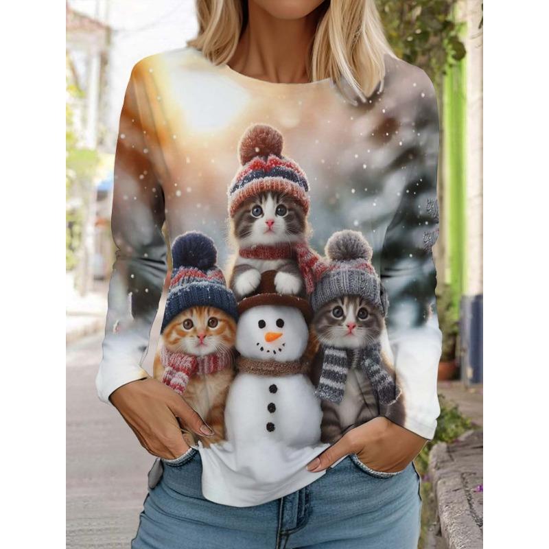 Fashion Christmas Women's Long Sleeved T-shirt Casual Christmas Cute Cat&Dog Holiday Gifts Tops Harajuku Animal Women's Clothing