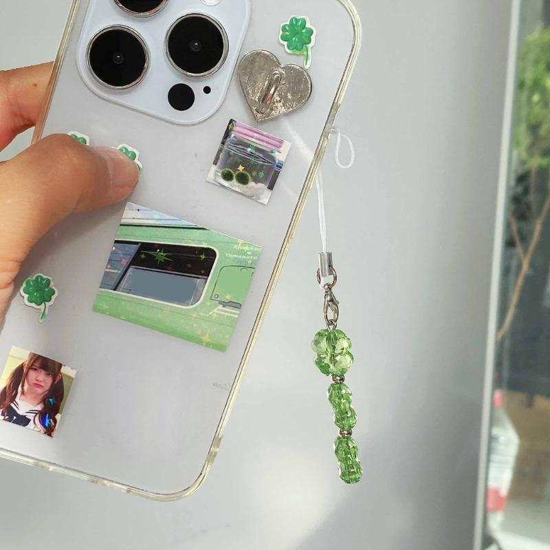 Handmade Beaded Phone Chain Crystal Four Leaf Clovers Cellphone Charm Colorful Keyring Pendant Bag Accessory for Bag Key