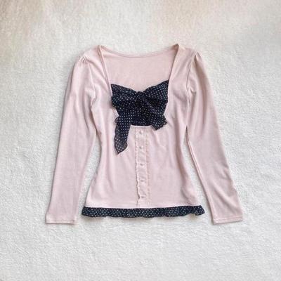Haut rose à pois pour femme, col carré, nœud, coupe ajustée, manches longues