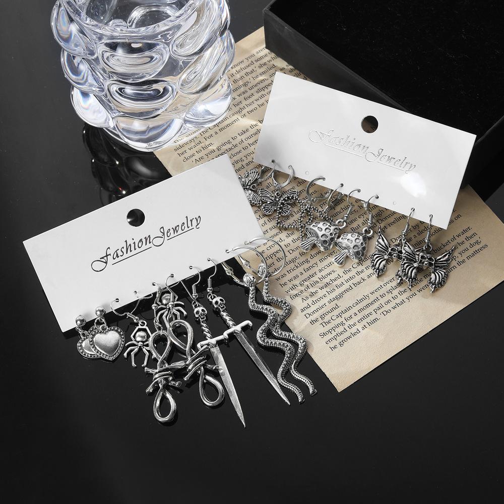Vintage Silver Color Earrings Set for Women Long Sword Mushroom Butterfly Skeleton Snake Gothic Hang Earrings Jewelry