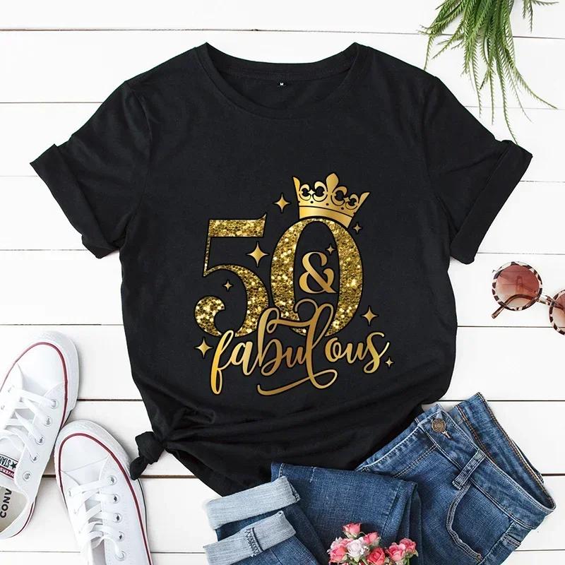50 and Fabulous Tshirts 50th Birthday Funny Women T Shirts Hip Hop Vintage Tee Clothes Creativity Tops Womans Short Sleeve Tees
