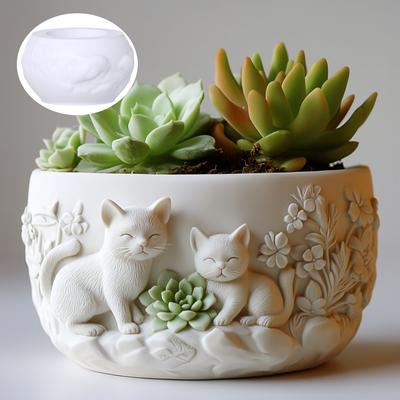 Cat Relief Succulent Plant Flowerpot Resin Silicone Mold Cute Cat Couple Storage Box Pen Holder Candle Cup Cement Gypsum Molds