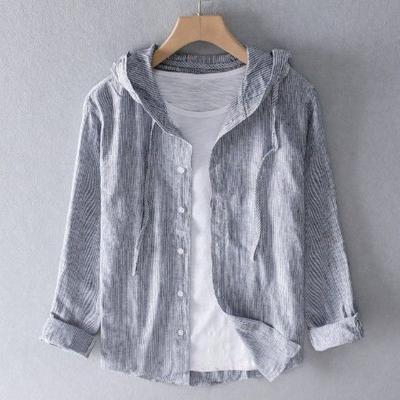 Men's Linen Shirt Summer Casual Hooded Long Sleeved Shirt Lightweight Cotton Linen Breathable Sunscreen Top