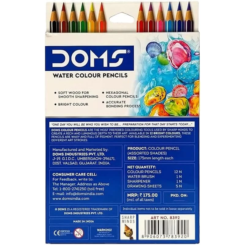 

Doms Super Soft Hexagonal Pre-Sharpened Water Soluble Colour Pencils | Free Watercolor Paper, Sharpener & Water Brush | 12 count (Pack of 1)