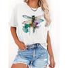 European Size Short-Sleeved Round-Neck T-Shirt with Watercolor Dragonfly Ink Stains And Prints