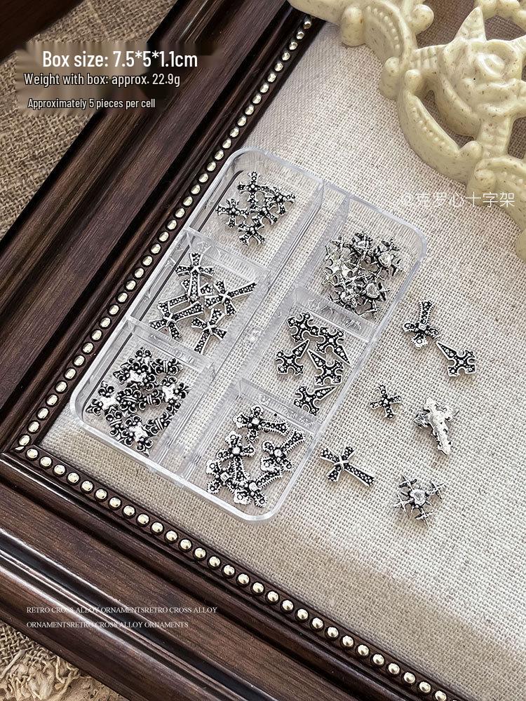 Retro Cross Heart Grid Nail Art Accessories - Gold & Silver Decorations Box
