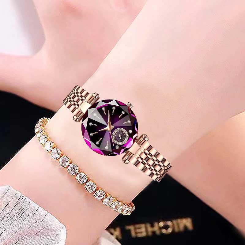Elegant Ladies' Quartz Watch with Diamond Accents, Durable Glass, and Steel Band