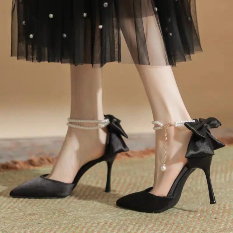 Fashion New Women Thin Heel Hollow Sandals Woman Pearl Butterfly Pointed Toe High Heels Pumps Womens Drees Shoes Wedding Shoes