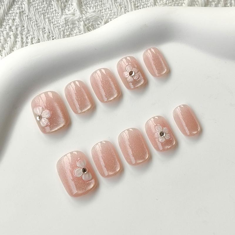 10Pcs Summer Cute Flower Cat Eye Nail Stickers Shiny Versatile Detachable Fake Nails