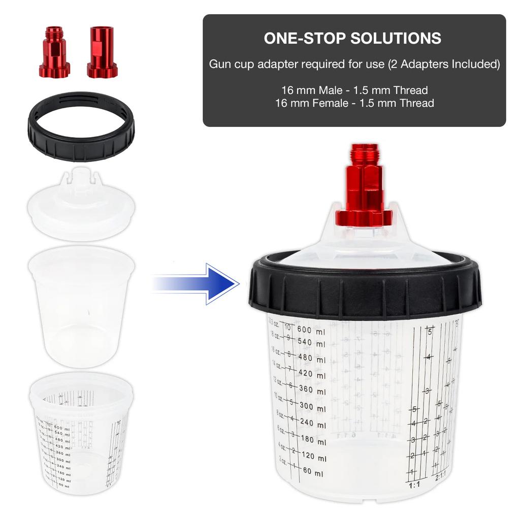 15Pcs Spray Gun Paint Mixing Cup H/O Type Quick Cup Spray Gun Tank 600ML Disposable Paint Cup with M16 Spray Gun Cup Adapter