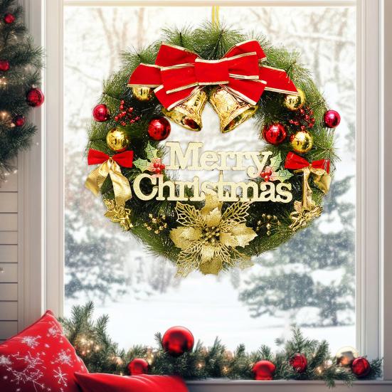 Christmas Wreath for Front Door Artificial Pine Needle Wreath with Balls Bows Flowers Merry Christmas Hanging Decor for Home Wall Window Porch Indoor