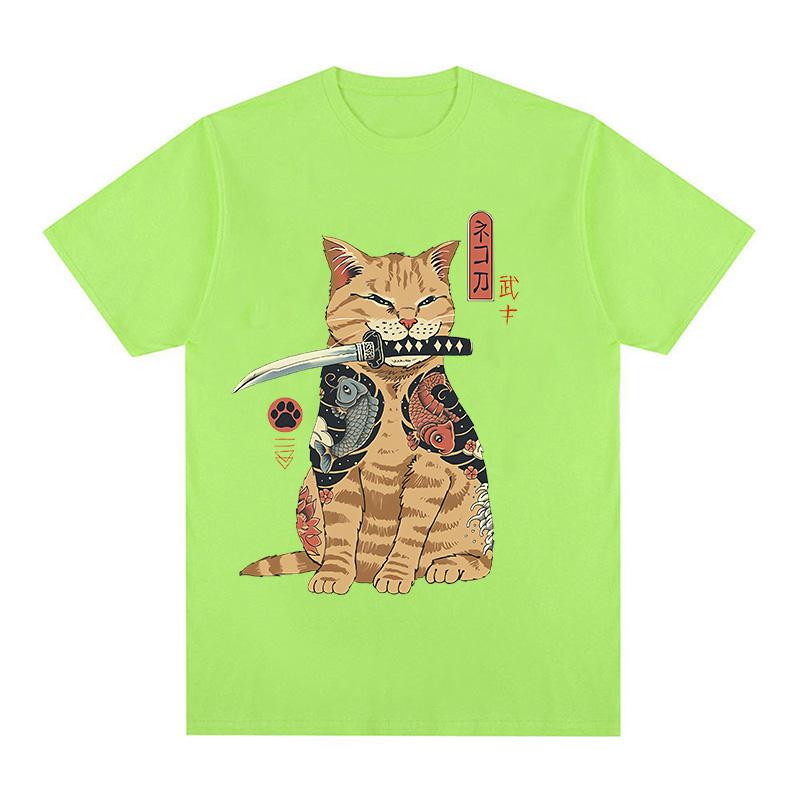 Funny Cotton Japanese Samurai Cat T Shirt Lover T Shirts Cat T-Shirts Retro Casual Short Sleeve Tshirt Unisex Women Clothes