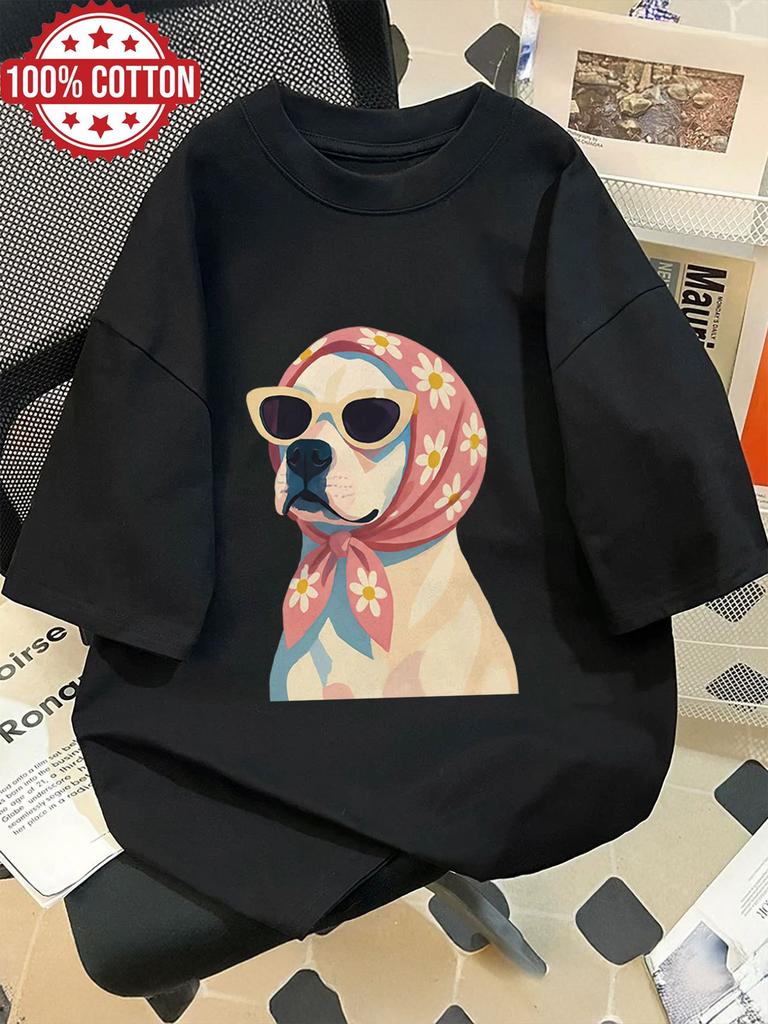 Summer Women's Illustration Style Dog Print TShirt Unisex Cotton and Breathable Short Sleeve Streetwear Oversized Loose Casual
