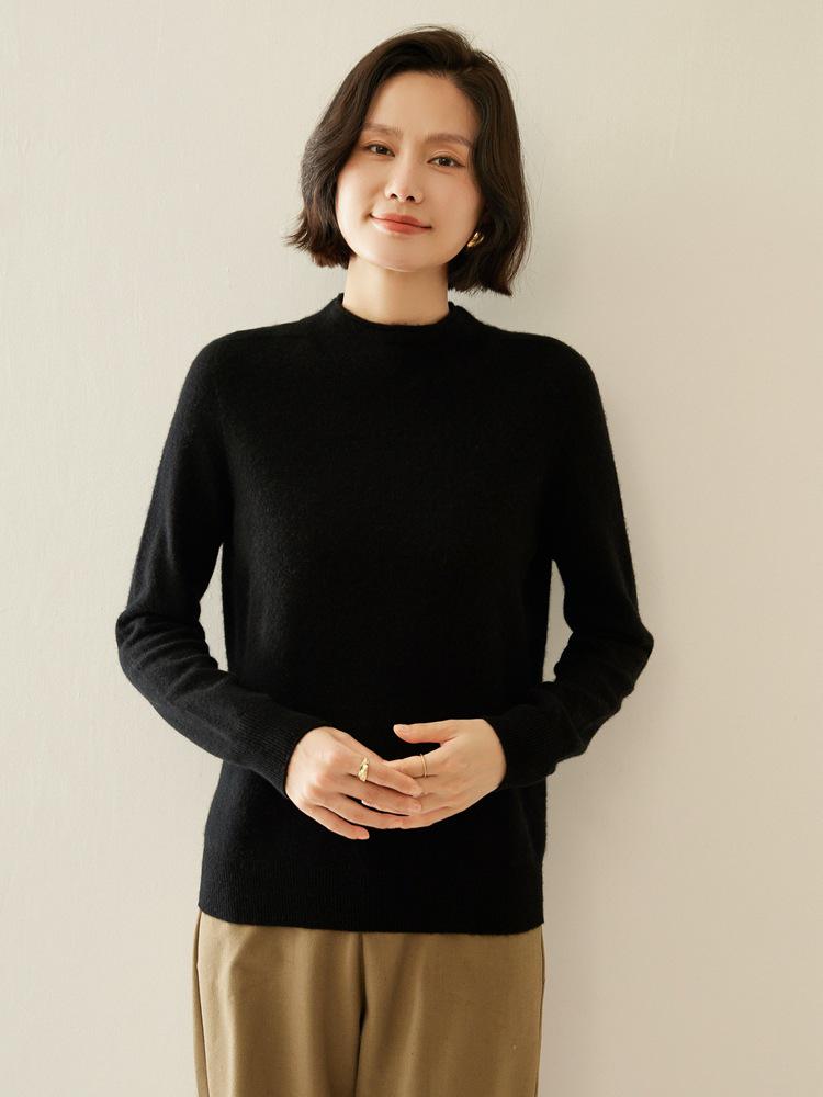 Women's Cashmere Half-High Collar Sweater: Autumn/Winter Style, Twelve-Stitch Rolled Hem, Loose Slimming Knit Base Layer
