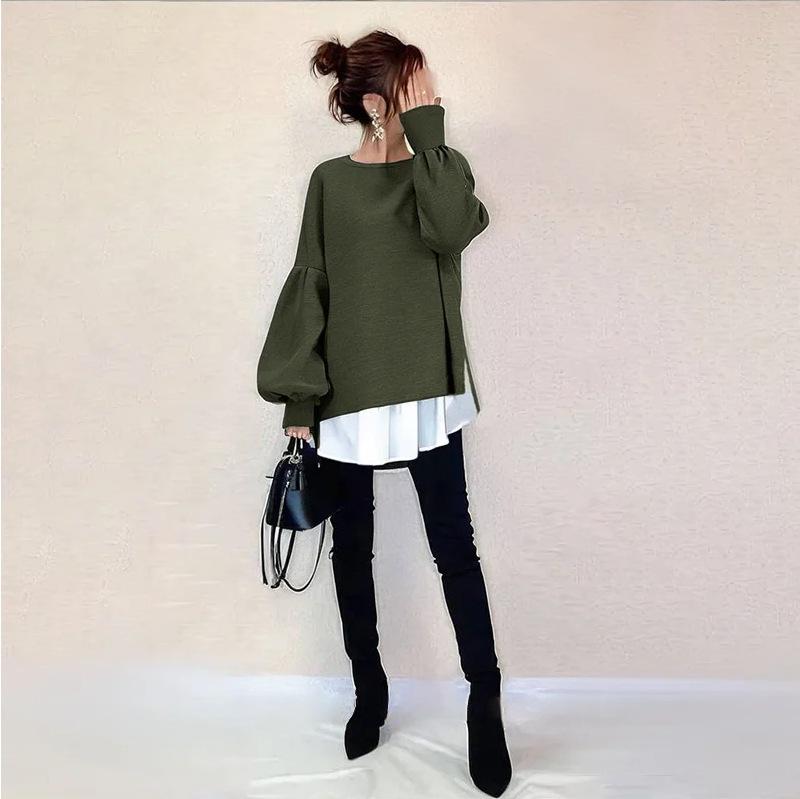 2026 Spring Women's Loose Fit Irregular Long Sleeve Sweatshirt - Round Neck, Fake Two-Piece Design
