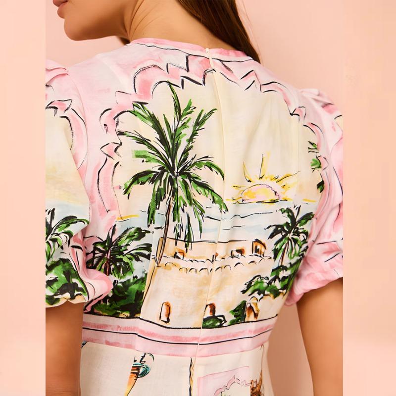 Summer Casual Puff Short Sleeves Dresses for Female Plant And Flower Prints Dress Round Necked Dress Women's Fashion High Waist Dress Beach Dress