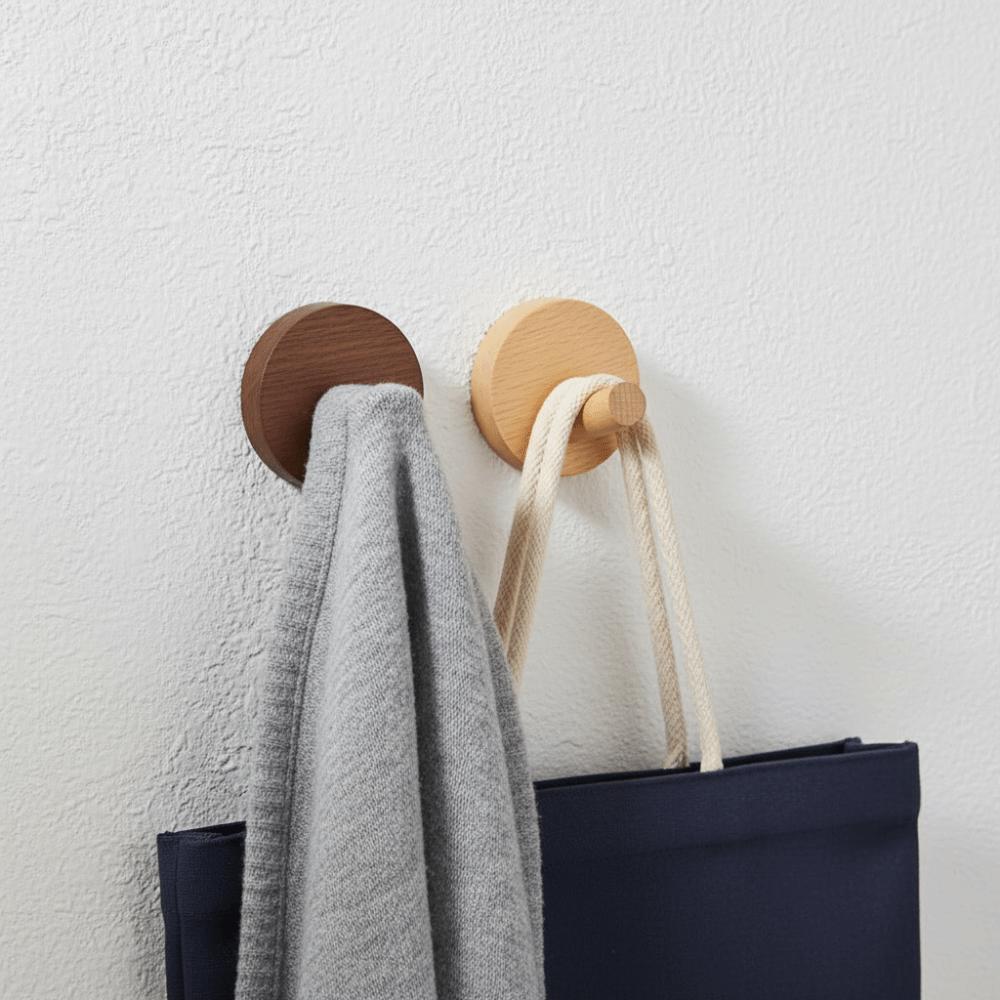 4pcs Beech Walnut Wood Wood Hook Solid Wood Punch Free Wall Hook Wood Handle Simple Design Towel Hook Bathroom Organizer