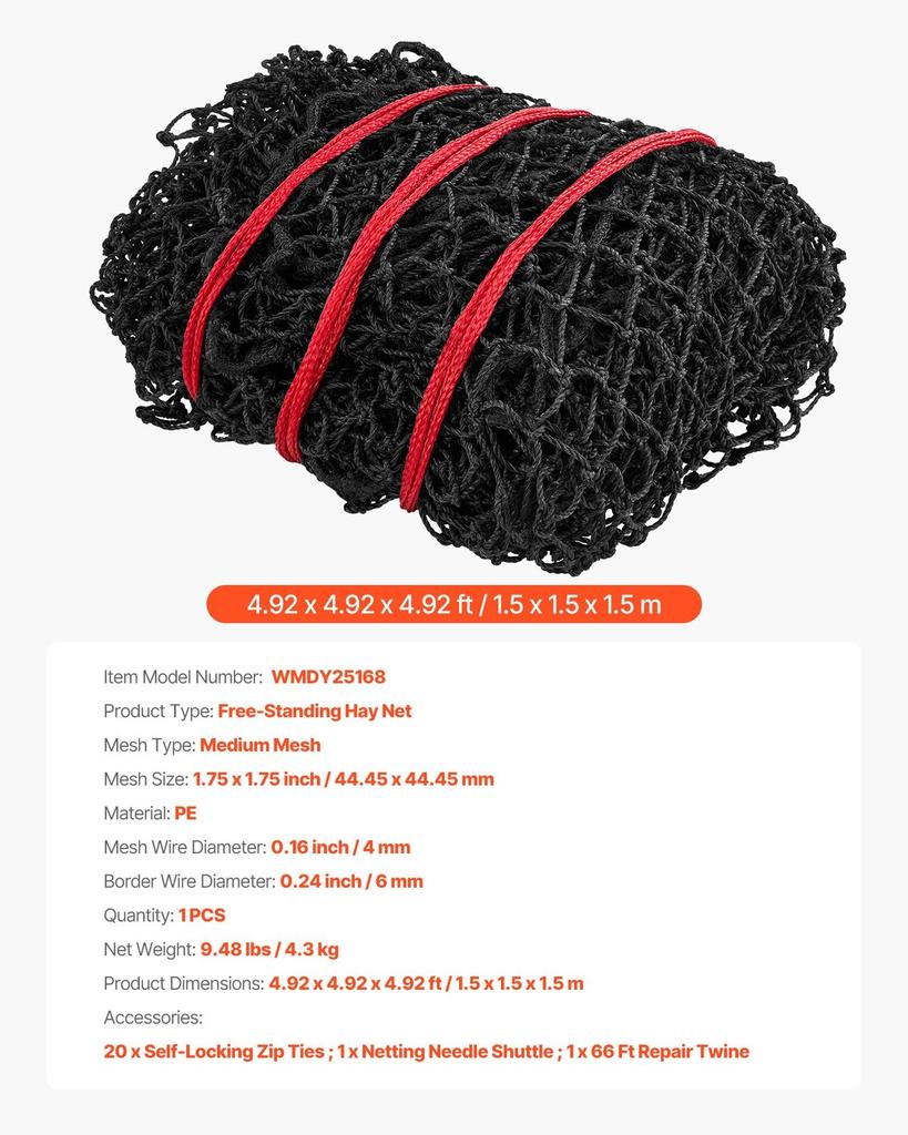 Round Bale Hay Net, 1.5 x 1.5 x 1.5 m, 44.45 x 44.45 mm Holes, PE Material, Reinforced Knotted Design, with Zip Ties, Needle Shuttle, and Repair