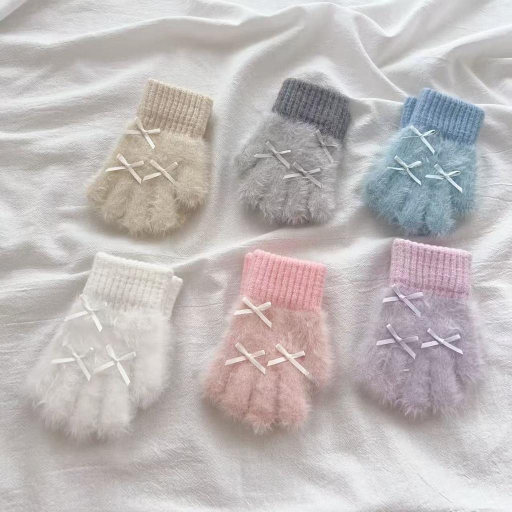 Rękawiczki z kokardą z futra królika Jesienno-zimowe dziecięce niemowlęce pogrubione ciepłe futrzane pięciopalcowe rękawiczki