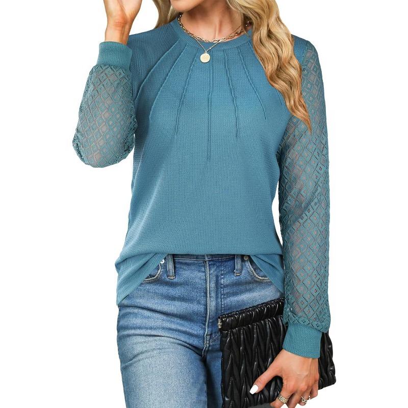 Spring Autumn Women's Plus Size Waffle Lace Splicing Long Sleeve Round Neck Top