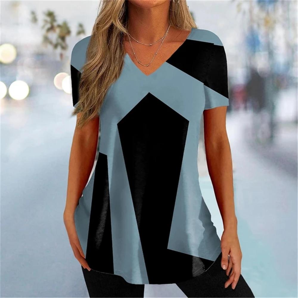 Simple Curve Digital 3D Print Fashion Women Tshirt Pullover Daily Suitable All Seasons Splicing Short Sleeves Polyester V-Neck