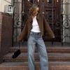 Fashion Brown Zipper Jacket For Women Elegant Lapel Long Sleeve Short Coats Female Vintage Lady Street Outerwear