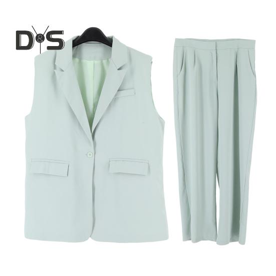 2 Pcs/Set Women Coat Pants Set Lapel Single Button Mid Length Cardigan Sleeveless Jacket Wide Leg High Waist Straight Trousers Lady Formal Commute