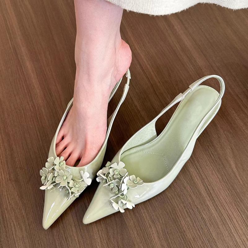 New Style Women's Spring Green Flower Pointed Elegant High Heels for Women Fashion Shallow Mouth Slingbacks Sandals Casual Pumps