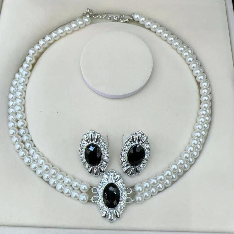 Retro Imitation Pearl Multi-layer Necklace - Green Rhinestone Luxury Necklace