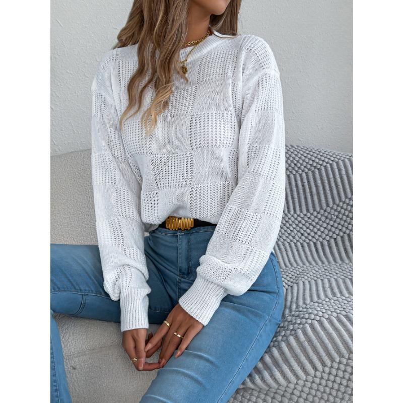 European American Style Solid Plaid Long Sleeve Pullover Sweater Women