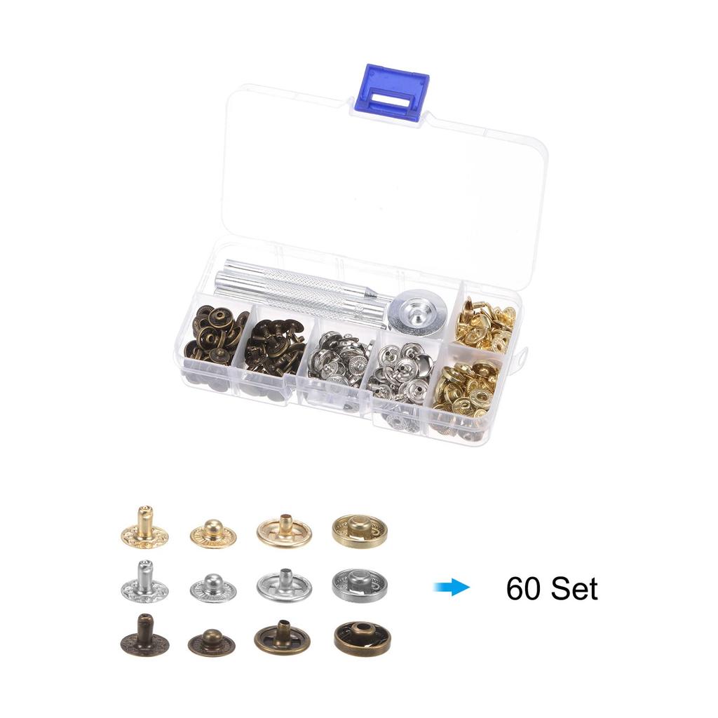 Uxcell Bouton Pression en Cuir Métal Outil Bouton Pression avec 4 Poseurs et Rangement 60 Jeux pour Vêtements et Kit de Couture Cuir, Boîte, 10mm,